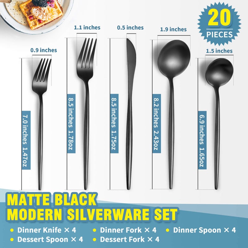 Lemeya Matte Black Silverware Set for 4,Modern Stainless Steel Brushed Cutlery Set,20-Pieces Heavy Duty Flatware Set,Knives Spoons and Forks Set Utensils Set, Satin Finish, Dishwasher Safe - Image 2